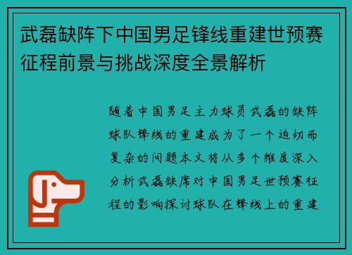 武磊缺阵下中国男足锋线重建世预赛征程前景与挑战深度全景解析