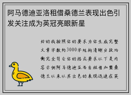 阿马德迪亚洛租借桑德兰表现出色引发关注成为英冠亮眼新星